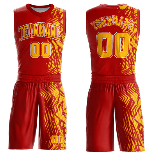 Custom Red Gold-White Round Neck Sublimation Basketball Uniform Jersey