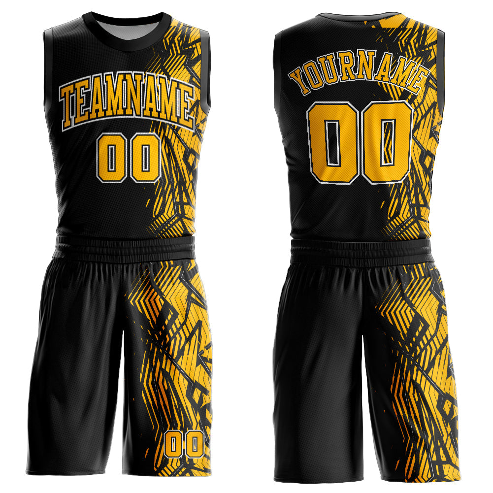 Custom Black Gold-White Round Neck Sublimation Basketball Uniform Jersey
