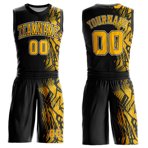 Custom Black Gold-White Round Neck Sublimation Basketball Uniform Jersey