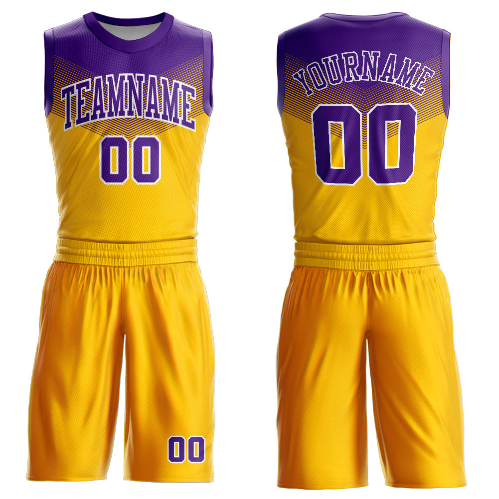 Custom Gold Purple-White Round Neck Sublimation Basketball Uniform Jersey