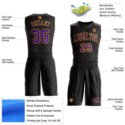 Custom Black Purple-Gold Round Neck Sublimation Basketball Uniform Jersey