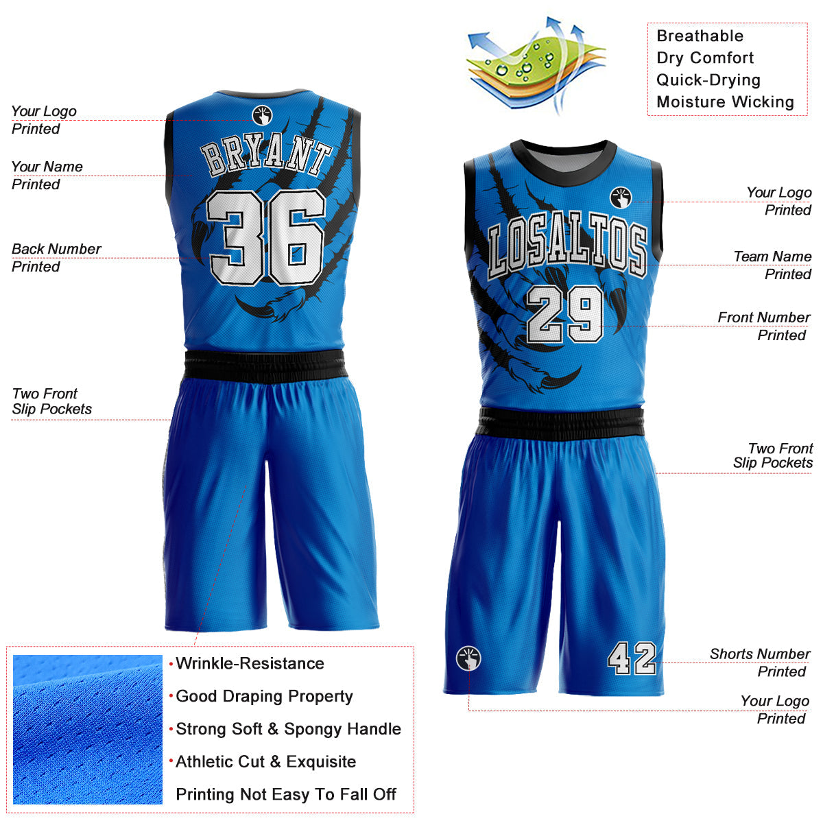 Custom Blue White-Black Animals Claws Round Neck Sublimation Basketball Uniform Jersey