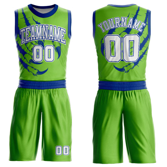 Custom Neon Green White-Royal Animals Claws Round Neck Sublimation Basketball Uniform Jersey