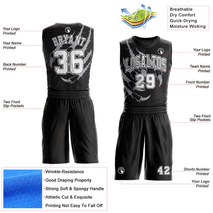 Custom Black White Animals Claws Round Neck Sublimation Basketball Uniform Jersey