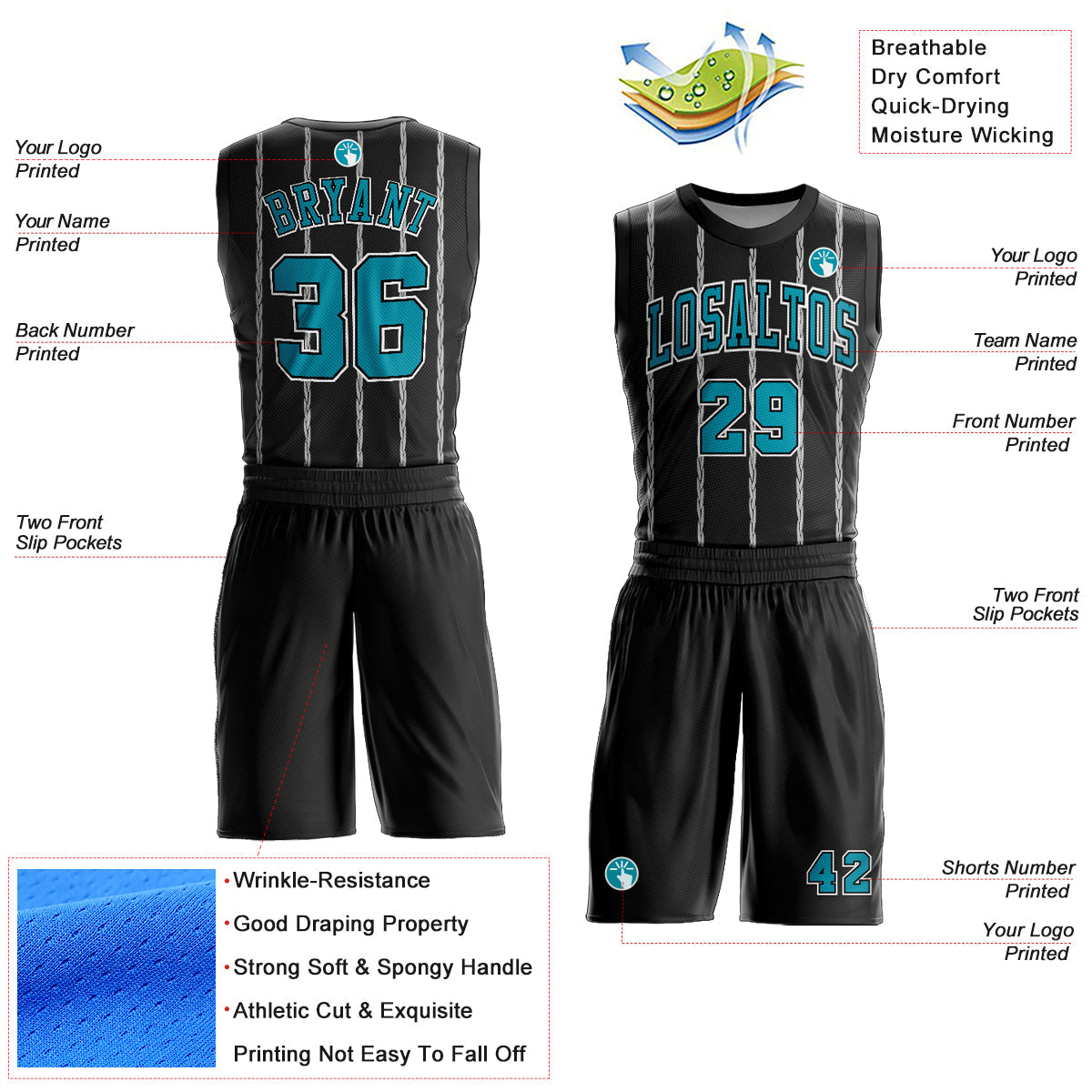 Custom Black Teal-White Round Neck Sublimation Basketball Uniform Jersey