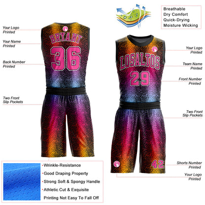 Custom Black Pink-Gold Animal Fur Print Round Neck Sublimation Basketball Uniform Jersey