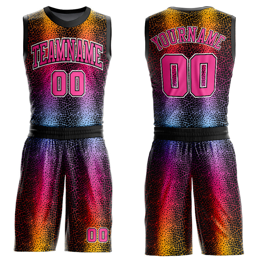 Custom Black Pink-Gold Animal Fur Print Round Neck Sublimation Basketball Uniform Jersey