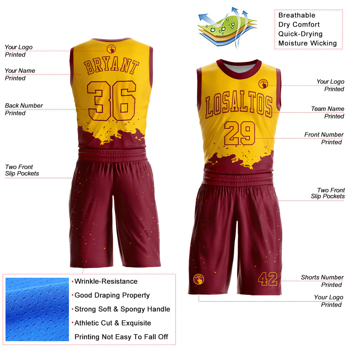 Custom Yellow Maroon Color Splash Round Neck Sublimation Basketball Uniform Jersey