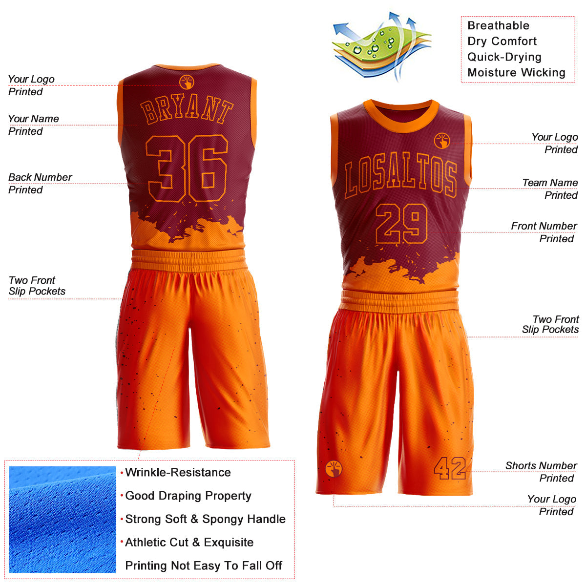 Custom Maroon Bay Orange Color Splash Round Neck Sublimation Basketball Uniform Jersey