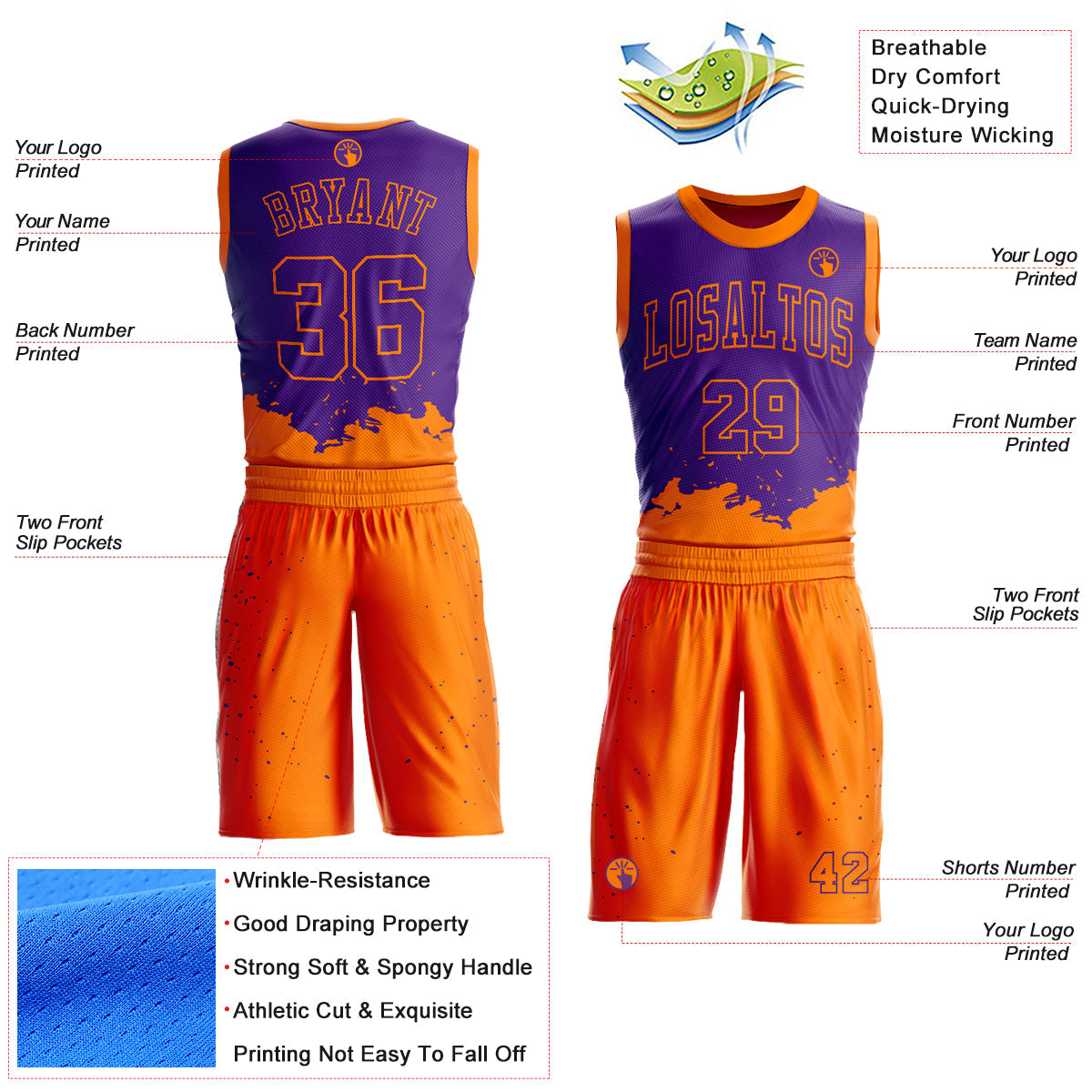 Custom Purple Bay Orange Color Splash Round Neck Sublimation Basketball Uniform Jersey