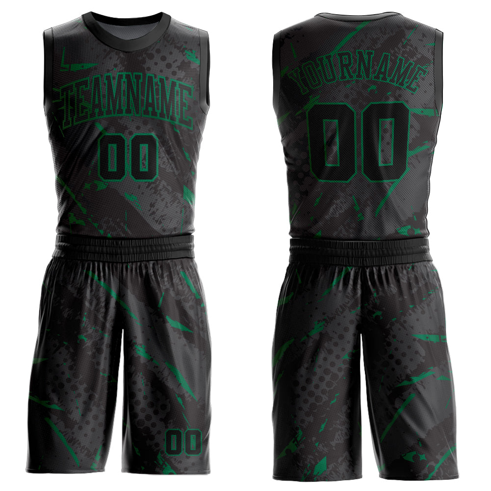 Custom Black Kelly Green Bright Lines Round Neck Sublimation Basketball Uniform Jersey