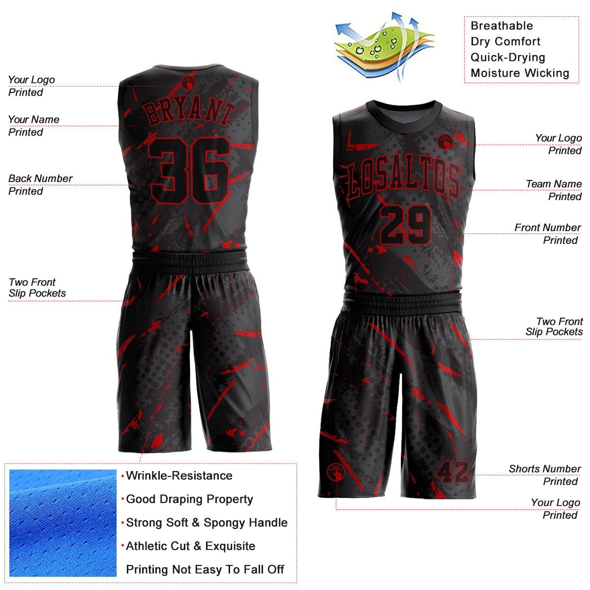 Custom Black Red Bright Lines Round Neck Sublimation Basketball Uniform Jersey