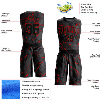 Custom Black Red Bright Lines Round Neck Sublimation Basketball Uniform Jersey