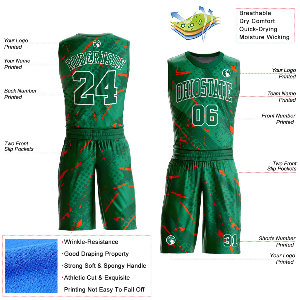 Custom Green Orange-White Bright Lines Round Neck Sublimation Basketball Uniform Jersey