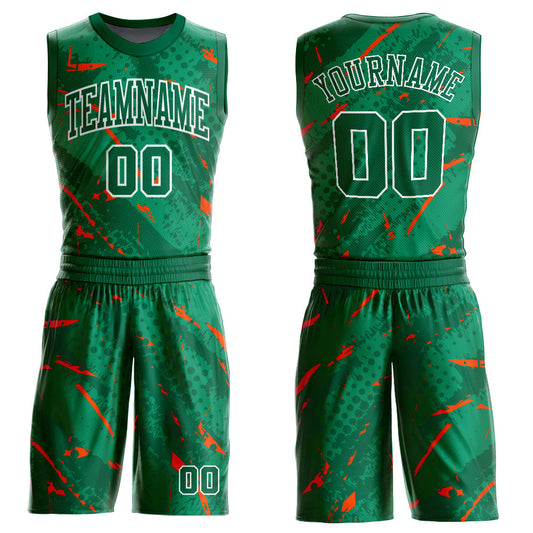Custom Green Orange-White Bright Lines Round Neck Sublimation Basketball Uniform Jersey