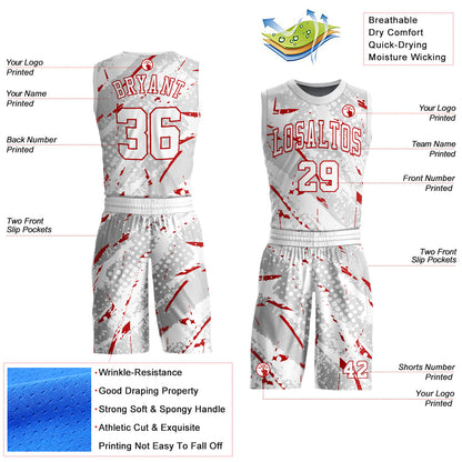 Custom White Red Bright Lines Round Neck Sublimation Basketball Uniform Jersey