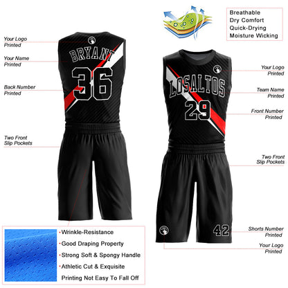 Custom Black White-Red Diagonal Lines Round Neck Sublimation Basketball Uniform Jersey