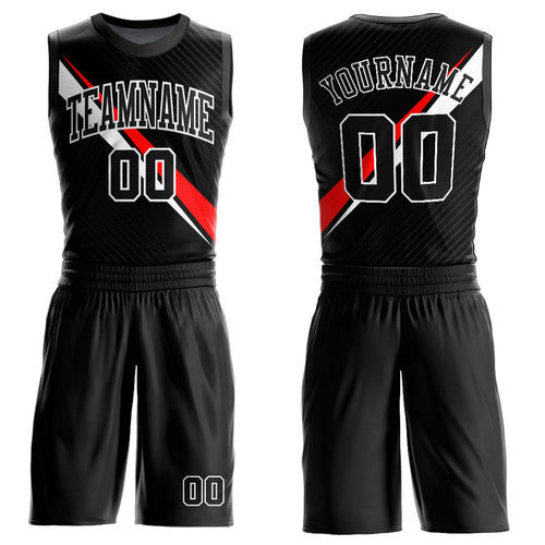 Custom Black White-Red Diagonal Lines Round Neck Sublimation Basketball Uniform Jersey