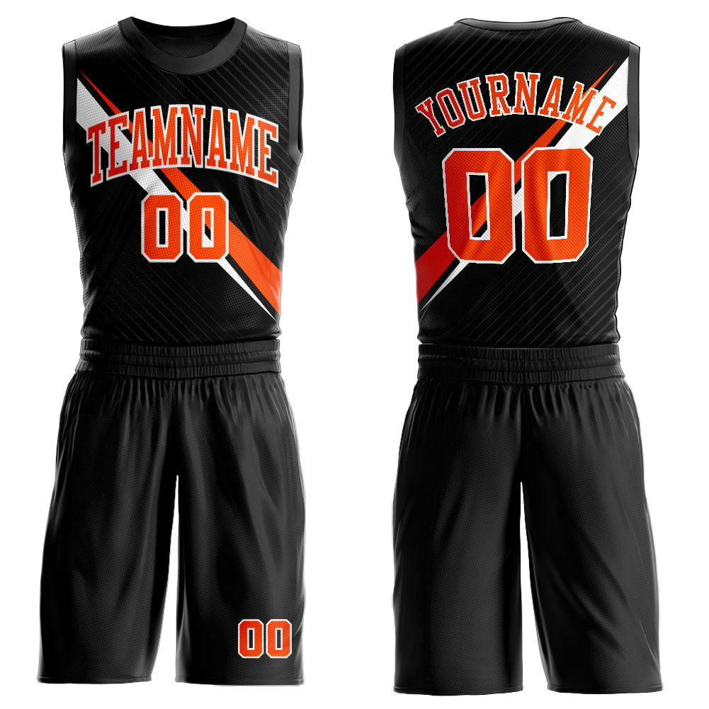 Custom Black Orange-White Diagonal Lines Round Neck Sublimation Basketball Uniform Jersey