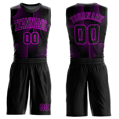Custom Black Deep Pink Tracks Round Neck Sublimation Basketball Uniform Jersey
