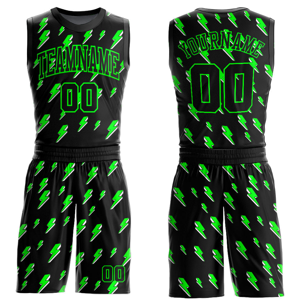 Custom Black Neon Green Lightning Shapes Round Neck Sublimation Basketball Uniform Jersey
