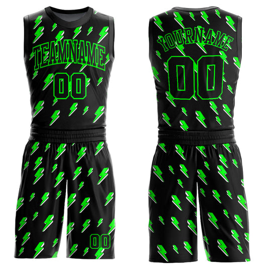 Custom Black Neon Green Lightning Shapes Round Neck Sublimation Basketball Uniform Jersey