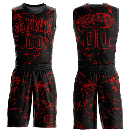 Custom Black Red Abstract Grunge Art Round Neck Sublimation Basketball Uniform Jersey