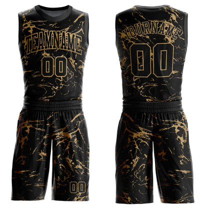 Custom Black Old Gold Abstract Grunge Art Round Neck Sublimation Basketball Uniform Jersey