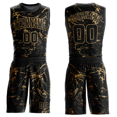 Custom Black Old Gold Abstract Grunge Art Round Neck Sublimation Basketball Uniform Jersey