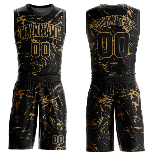 Custom Black Old Gold Abstract Grunge Art Round Neck Sublimation Basketball Uniform Jersey