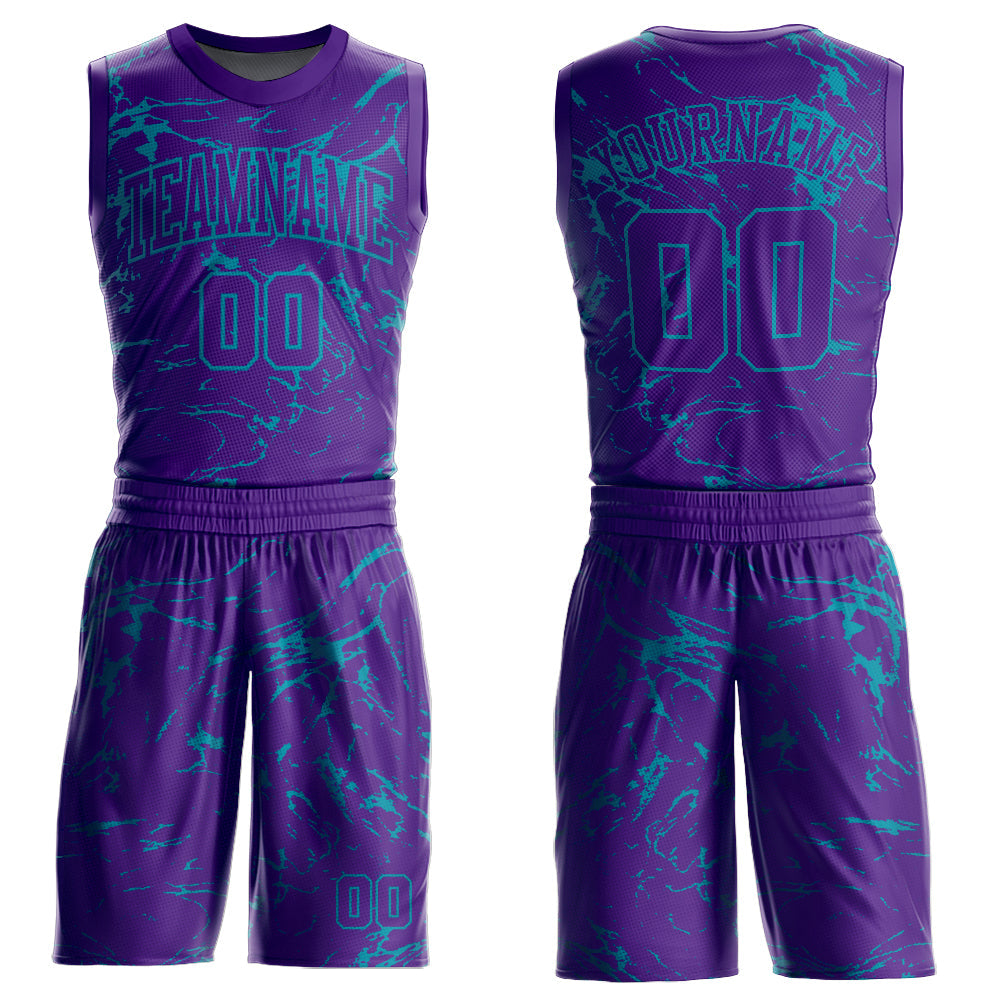 Custom Purple Teal Abstract Grunge Art Round Neck Sublimation Basketball Uniform Jersey