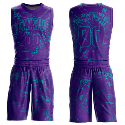 Custom Purple Teal Abstract Grunge Art Round Neck Sublimation Basketball Uniform Jersey