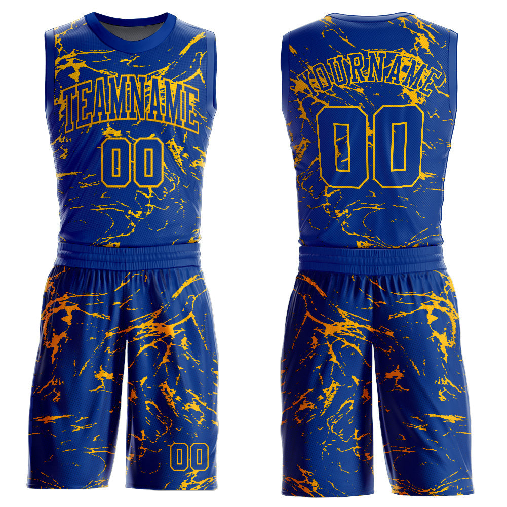 Custom Royal Gold Abstract Grunge Art Round Neck Sublimation Basketball Uniform Jersey