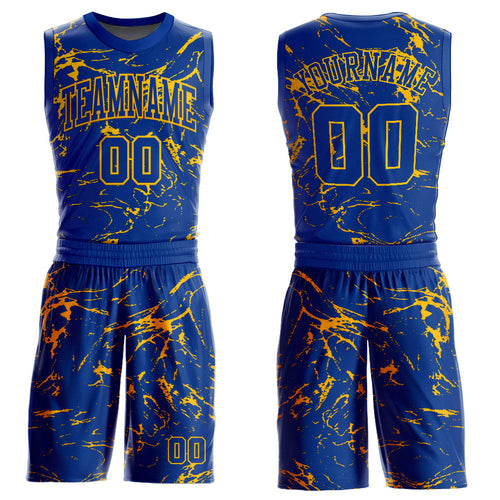 Custom Royal Gold Abstract Grunge Art Round Neck Sublimation Basketball Uniform Jersey
