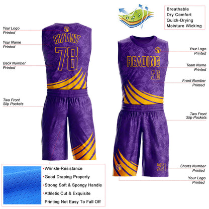 Custom Purple Gold Wind Shapes Round Neck Sublimation Basketball Uniform Jersey