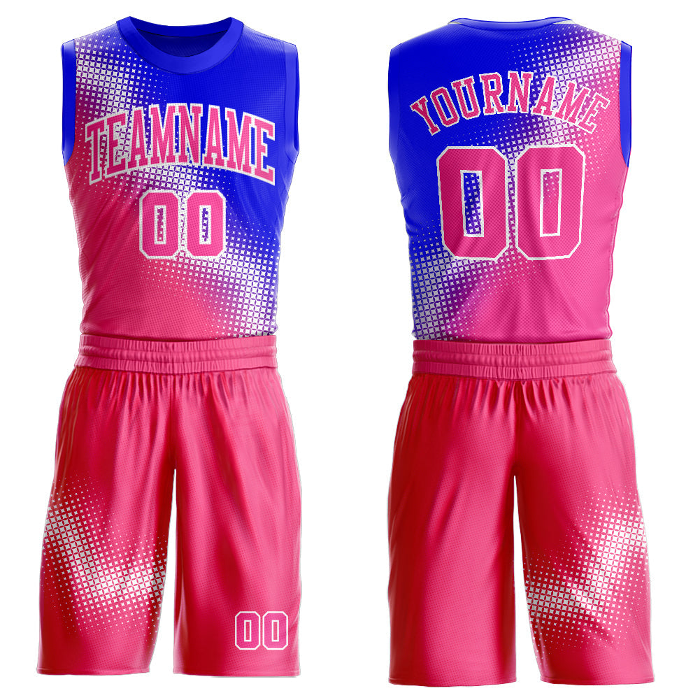 Custom Pink Royal-White Gradient Two Tone Diamond Shape Round Neck Sublimation Basketball Uniform Jersey