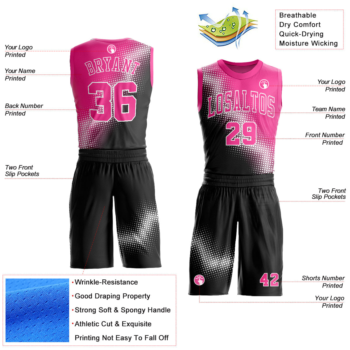 Custom Black Pink-White Gradient Two Tone Diamond Shape Round Neck Sublimation Basketball Uniform Jersey