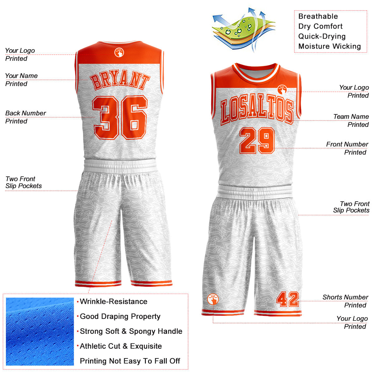 Custom White Orange Color Block Round Neck Sublimation Basketball Uniform Jersey