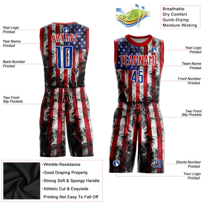Custom White Royal-Red American Flag Fashion Round Neck Sublimation Basketball Uniform Jersey