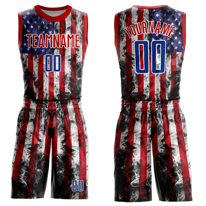 Custom White Royal-Red American Flag Fashion Round Neck Sublimation Basketball Uniform Jersey