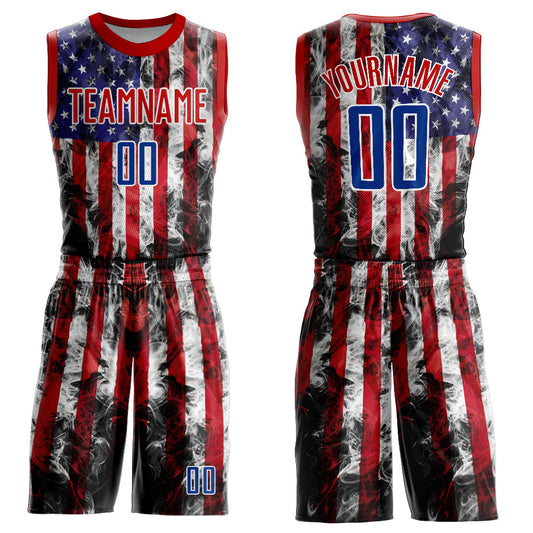 Custom White Royal-Red American Flag Fashion Round Neck Sublimation Basketball Uniform Jersey
