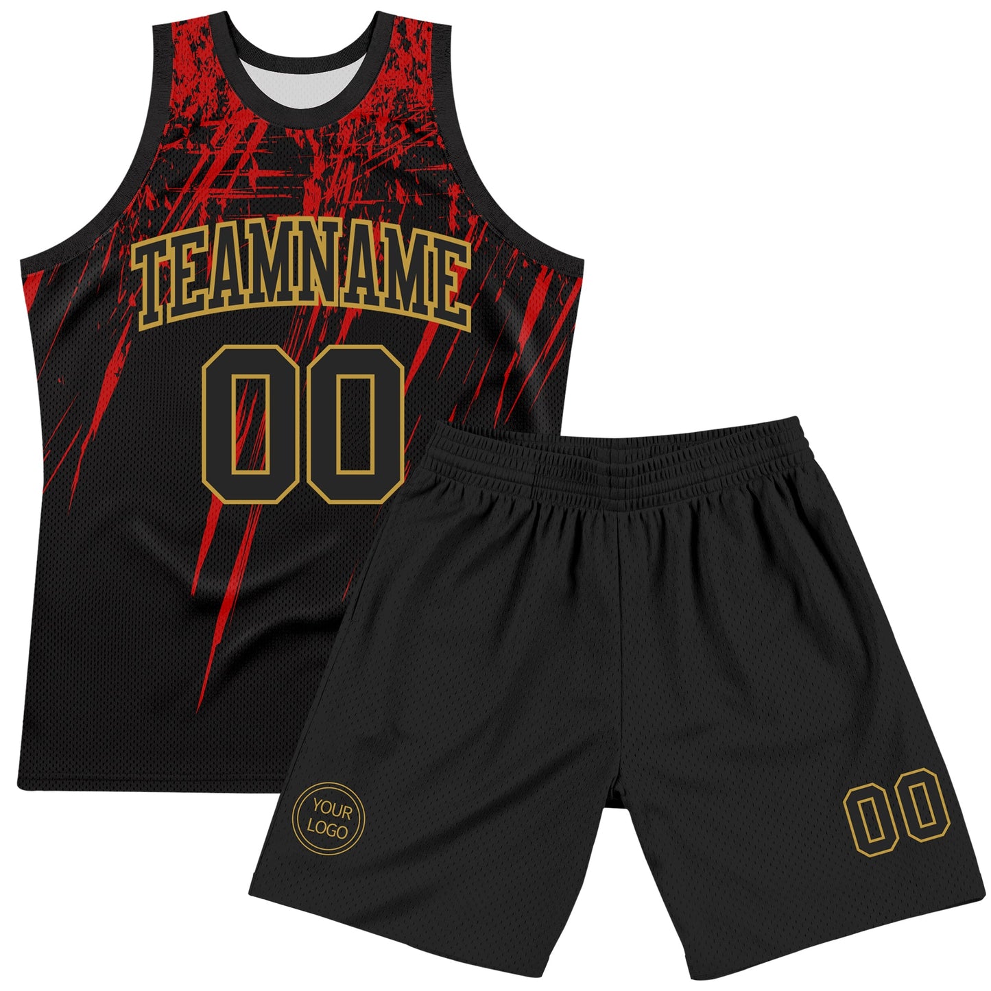 Custom Black Red-Old Gold Splash Round Neck Sublimation Basketball Set Jersey