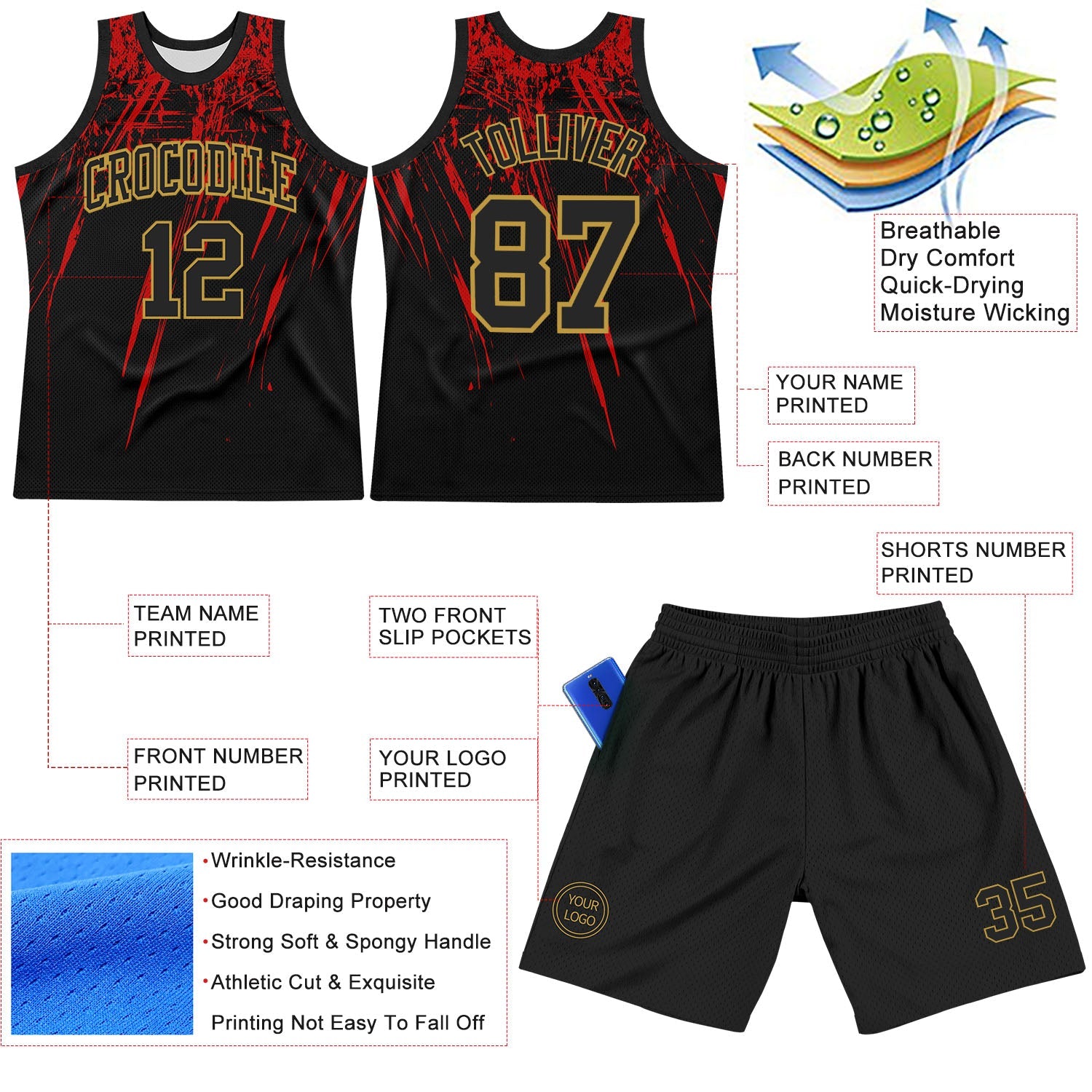 Custom Black Red-Old Gold Splash Round Neck Sublimation Basketball Set Jersey