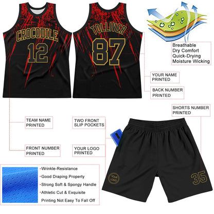 Custom Black Red-Old Gold Splash Round Neck Sublimation Basketball Set Jersey
