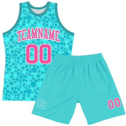 Custom Aqua Pink-White Leopard Print Round Neck Sublimation Basketball Set Jersey
