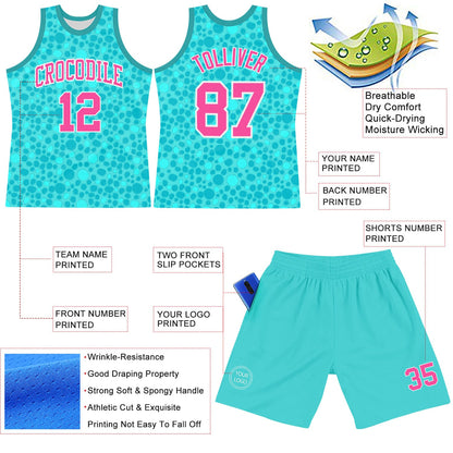Custom Aqua Pink-White Leopard Print Round Neck Sublimation Basketball Set Jersey