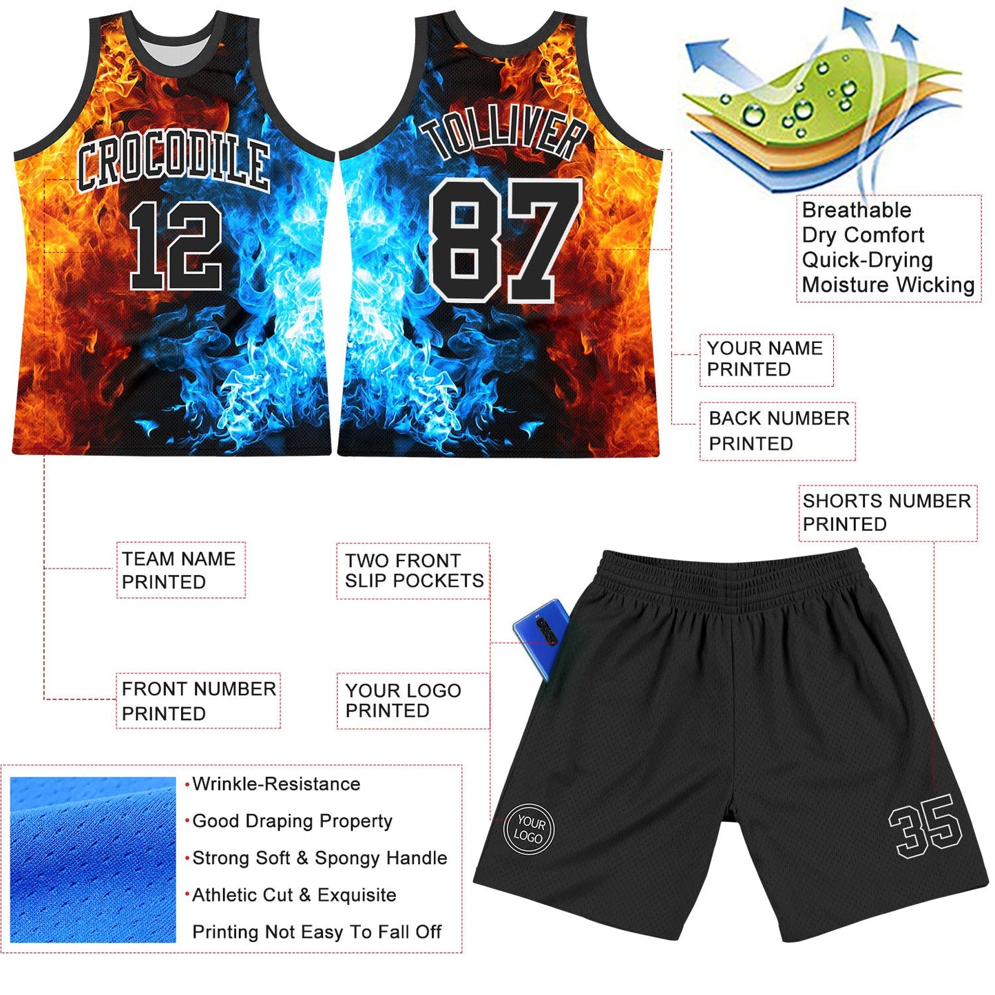 Custom Figure Black-White Flame Round Neck Sublimation Basketball Set Jersey