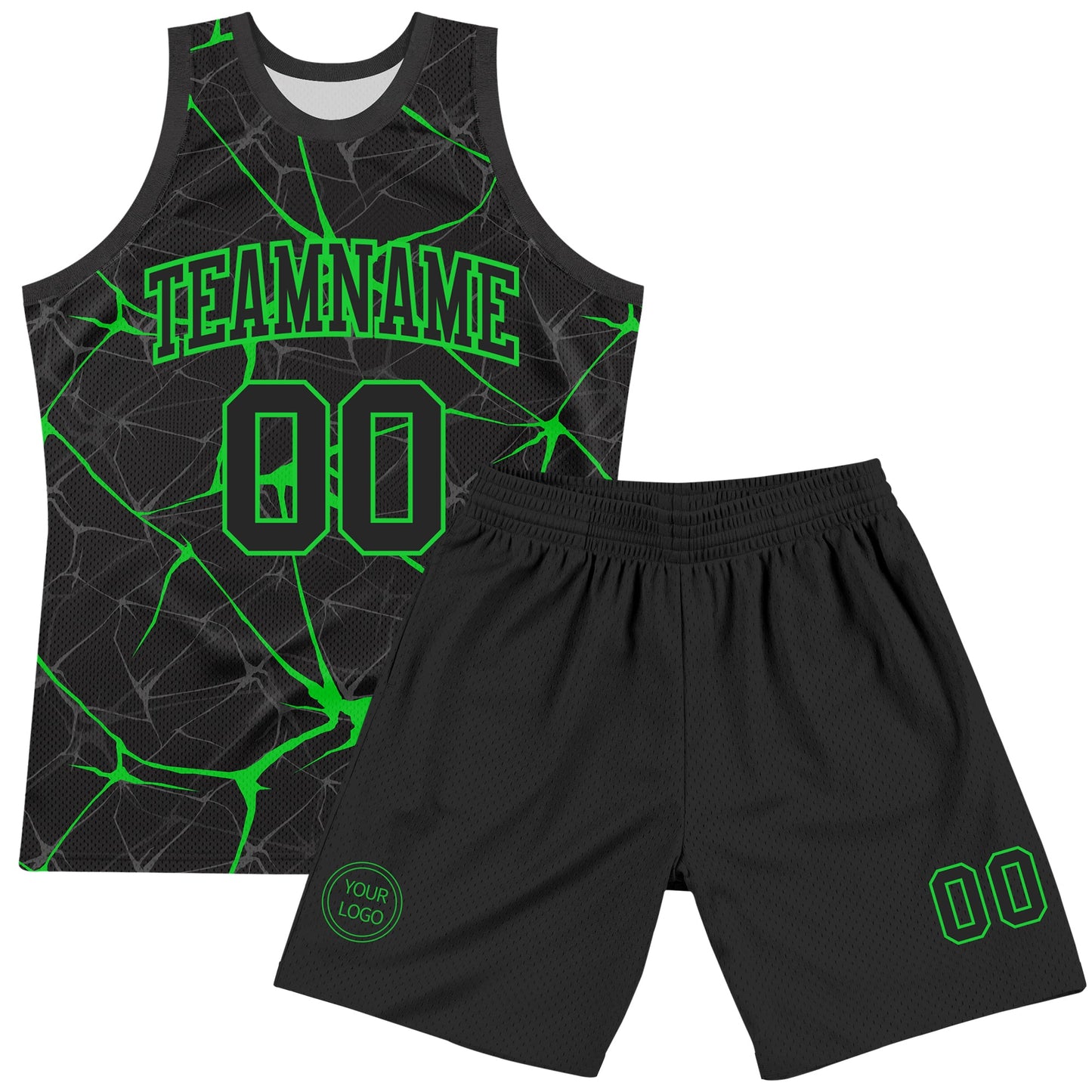 Custom Black Neon Green Abstract Network Round Neck Sublimation Basketball Set Jersey