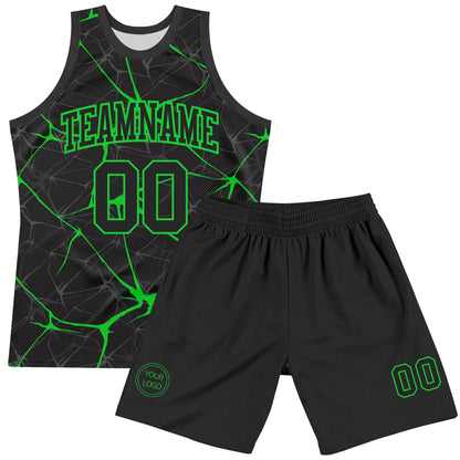 Custom Black Neon Green Abstract Network Round Neck Sublimation Basketball Set Jersey