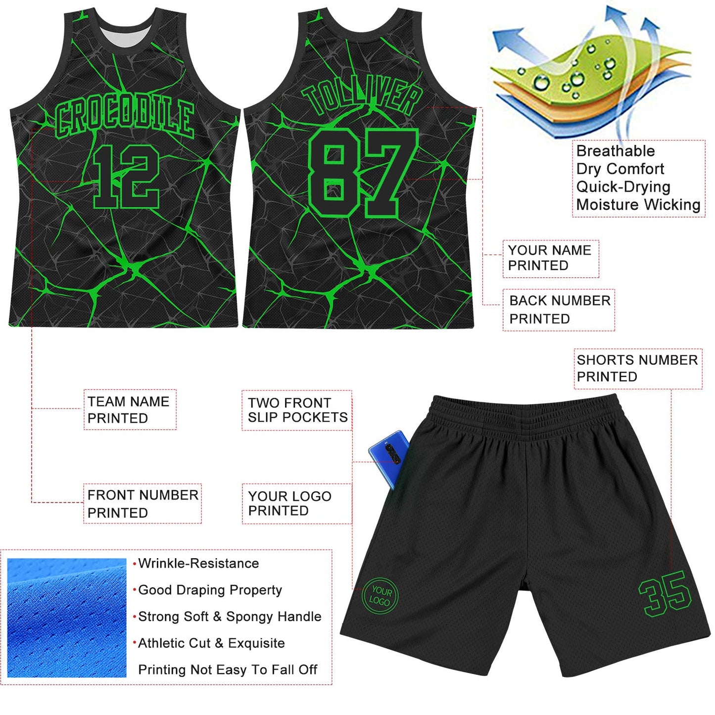 Custom Black Neon Green Abstract Network Round Neck Sublimation Basketball Set Jersey